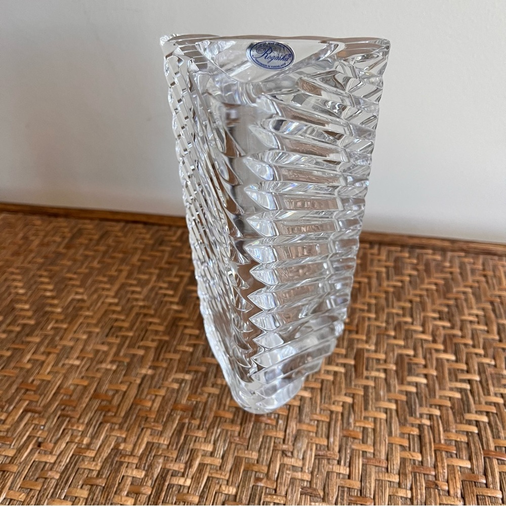 Rogaska Cut Crystal Ridged Contemporary Triangular Vase - 8” Tall